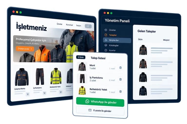 Ürün kataloğu, özel yönetim paneli ve WhatsApp veya e-posta ile gönderilen talep listesini temsil eden örnek arayüzler
