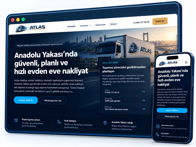 Atlas Nakliye web sitesinin masaüstü ve mobil görünümünü gösteren mockup