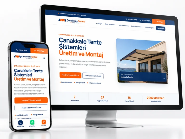 Çanakkale Tenteci web sitesinin masaüstü ve mobil görünümünü gösteren mockup