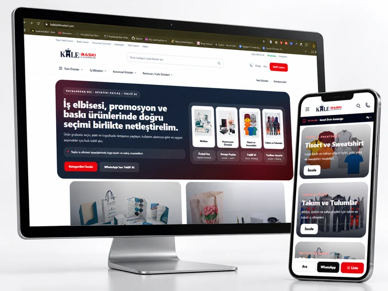 Kale İş Elbiseleri web sitesinin masaüstü ve mobil görünümünü gösteren mockup