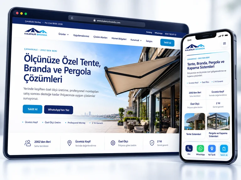 Kalenur Branda Tente web sitesinin masaüstü ve mobil görünümünü gösteren mockup