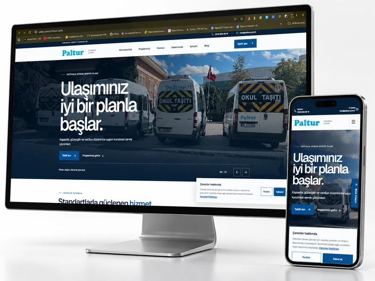 Paltur web sitesinin masaüstü ve mobil görünümünü gösteren mockup