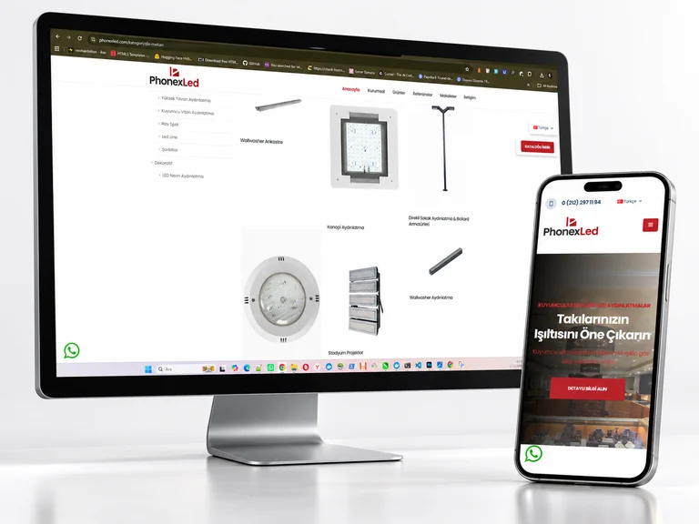 Phonex LED web sitesinin masaüstü ve mobil görünümünü gösteren mockup