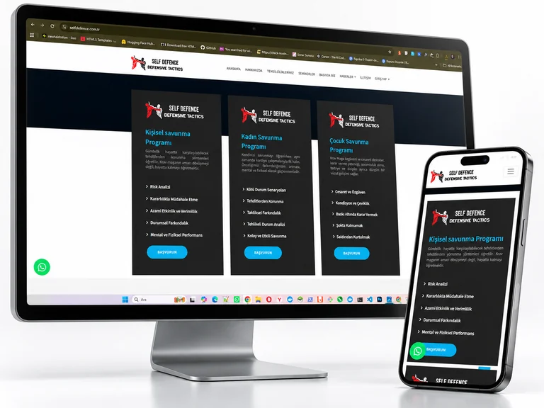 Self Defence web sitesinin masaüstü ve mobil görünümünü gösteren mockup