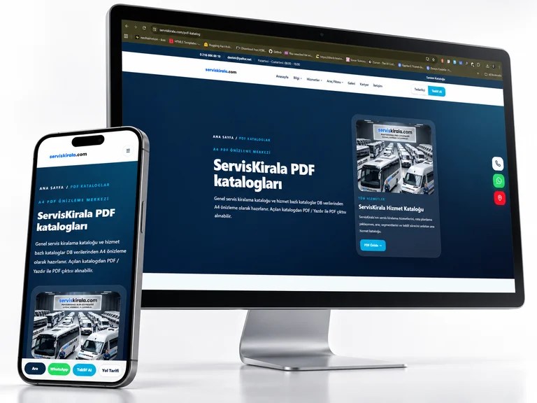 ServisKirala web sitesinin masaüstü ve mobil görünümünü gösteren mockup
