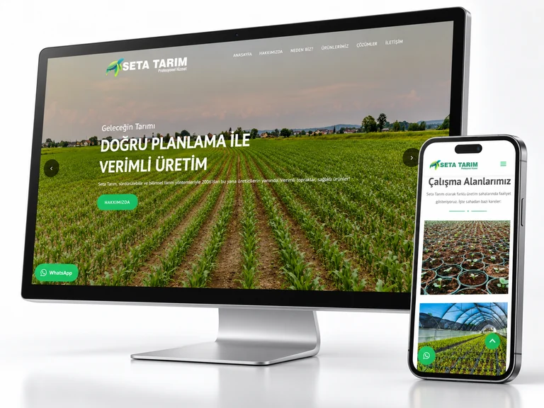 Seta Tarım web sitesinin masaüstü ve mobil görünümünü gösteren mockup