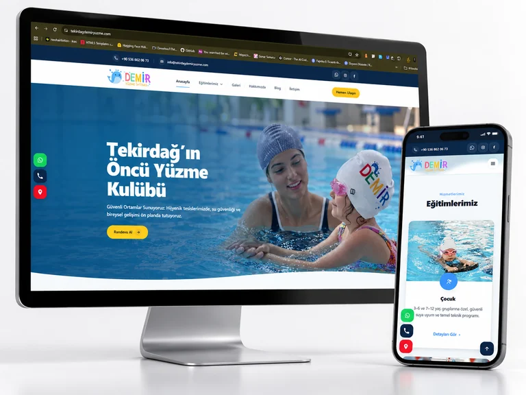 Tekirdağ Demir Yüzme web sitesinin masaüstü ve mobil görünümünü gösteren mockup