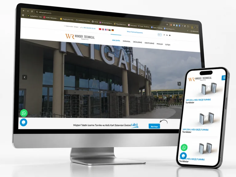 Winser web sitesinin masaüstü ve mobil görünümünü gösteren mockup
