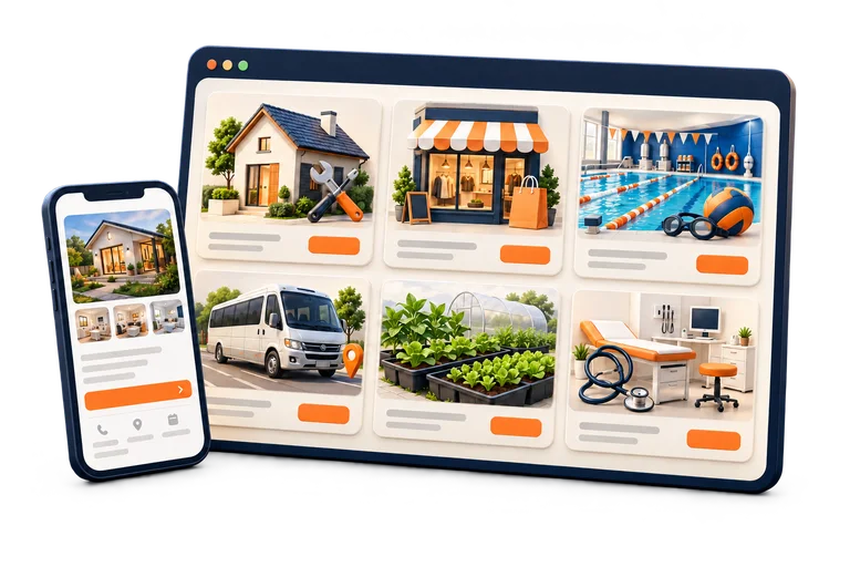 Ustalar, mağazalar, spor okulları, taşımacılık, tarım ve muayenehaneler için web çözümlerini temsil eden tarayıcı ve mobil arayüz