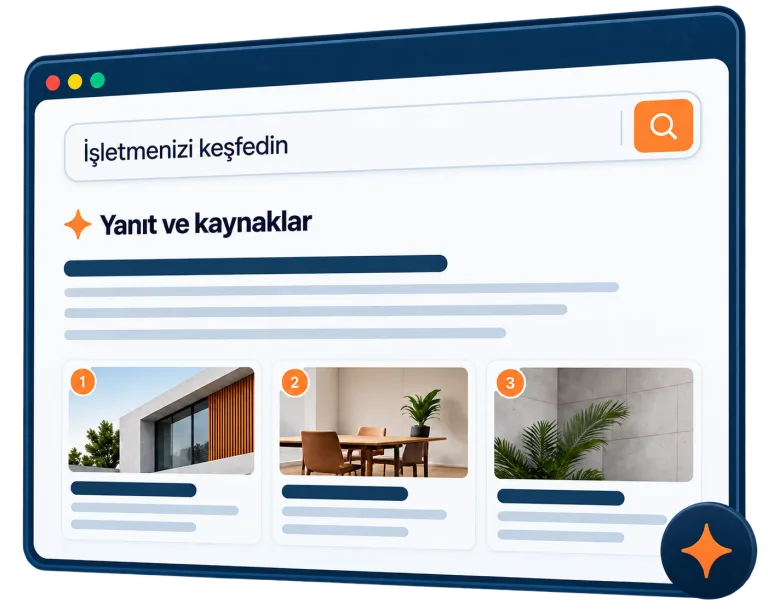 Yapay zekâ destekli aramada yanıt ve kaynak kartlarını gösteren örnek arayüz