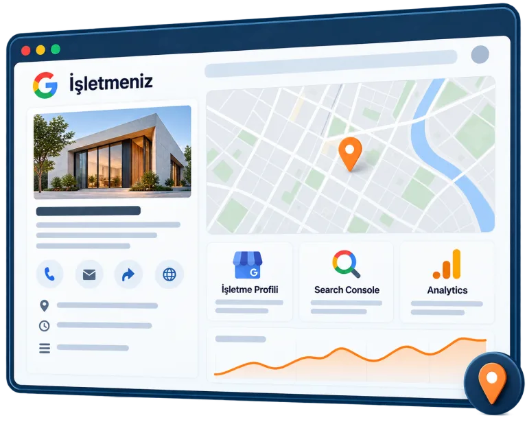 Google İşletme Profili, Search Console ve Analytics araçlarını gösteren örnek panel
