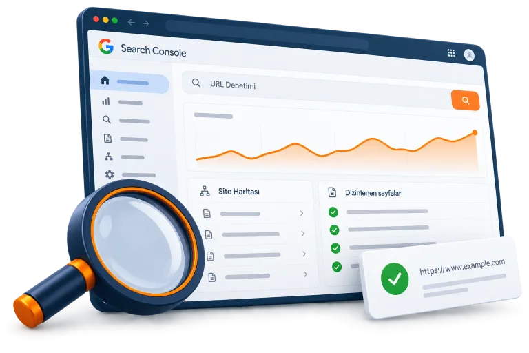 Search Console URL denetimi, site haritası ve dizine eklenen sayfaları gösteren örnek arayüz