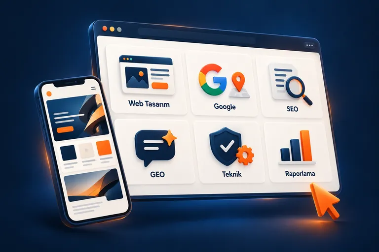Web tasarım, Google, SEO, GEO, teknik düzen ve raporlamayı bir araya getiren örnek tarayıcı ve mobil arayüz