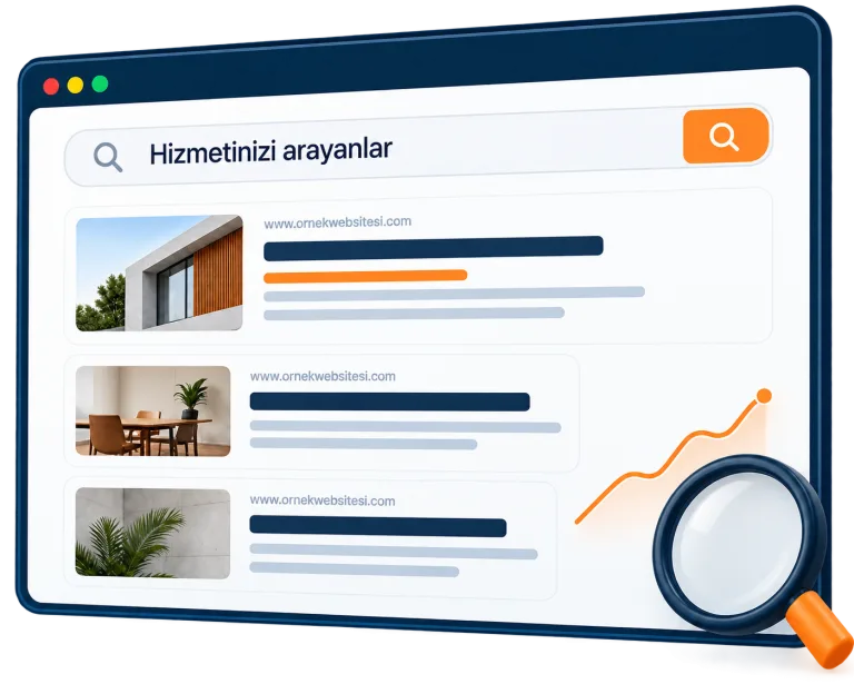 Arama sonuçları ve büyüteç ile web sitesinin arama görünürlüğünü anlatan maket