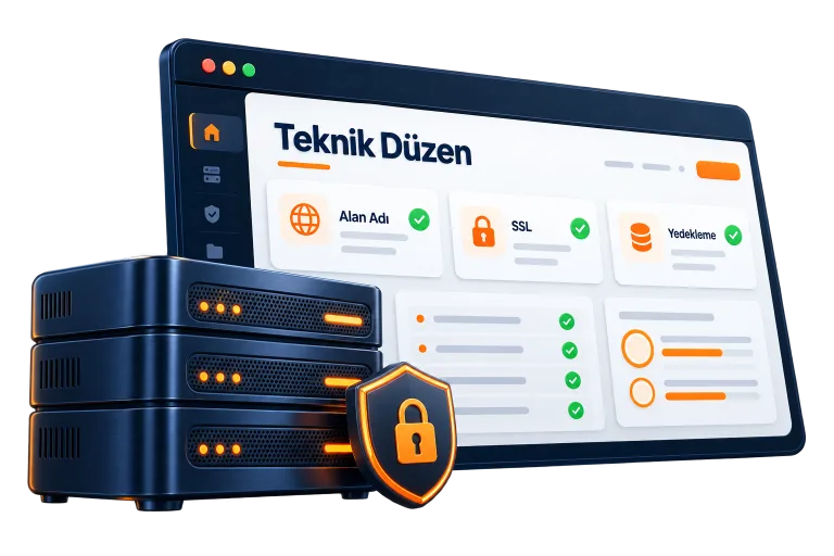 Alan adı, güvenli bağlantı ve yedekleme kontrollerini sunucu ve güvenlik simgesiyle gösteren örnek teknik yönetim arayüzü