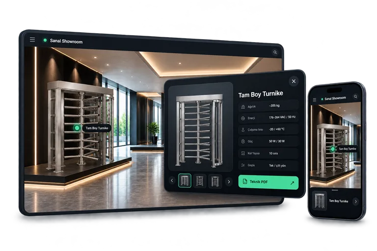 Sanal showroom mekânı, ürün noktası ve teknik detay kartını gösteren temsili arayüz