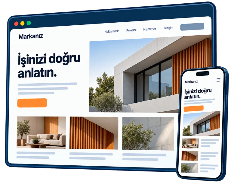 Masaüstü ve mobil ekranlarda aynı web sitesi tasarımını gösteren tarayıcı maketi